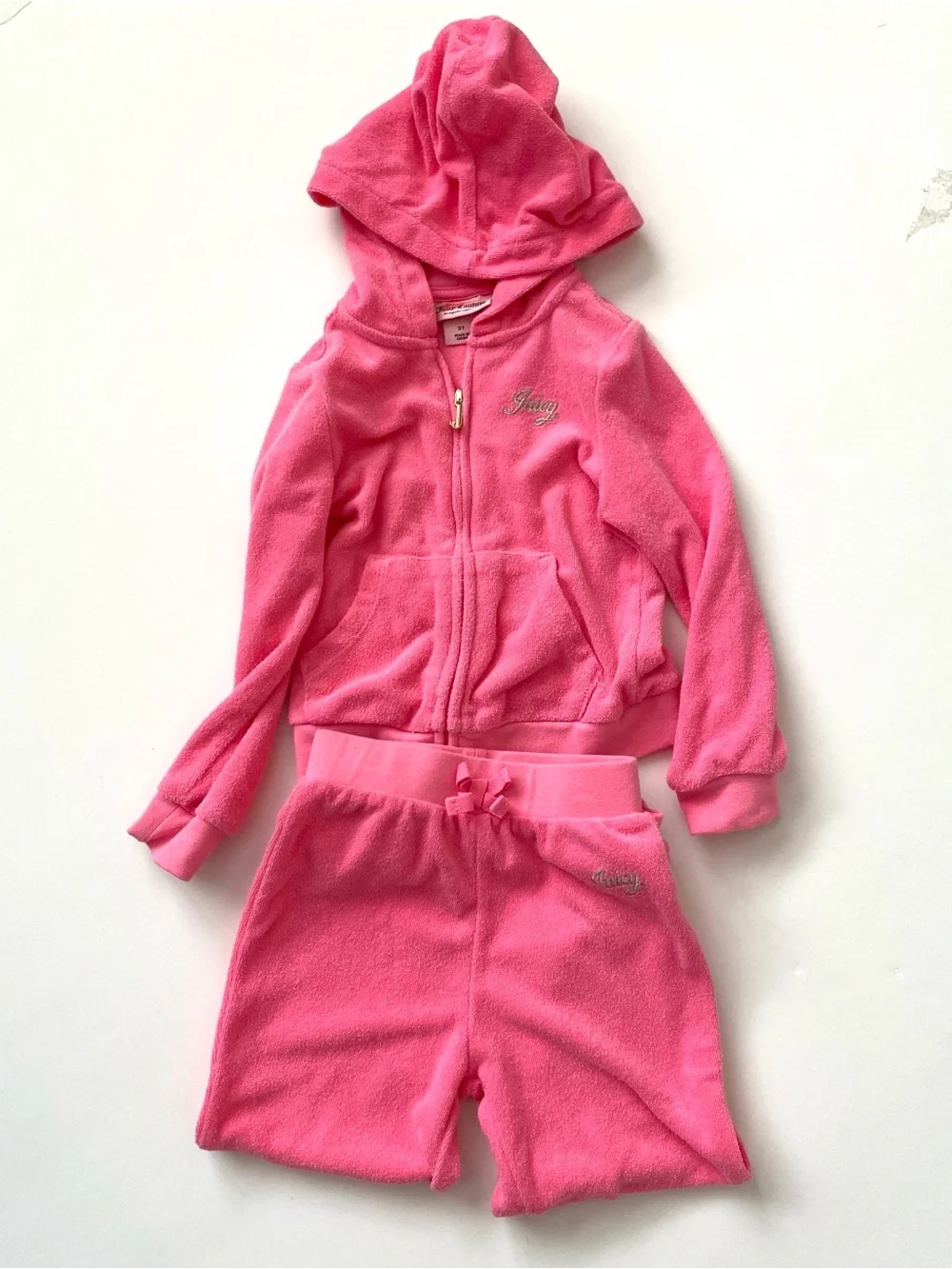 Juicy Couture Girls Hot Pink Fleece Hoodie Set 3T Zip Front Jacket Pull on Pants